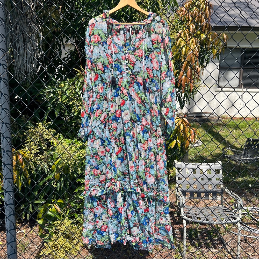 Anthropologie The Marais Printed Chiffon Maxi Dress Floral Boho Long Sleeve XL - Picture 2 of 8